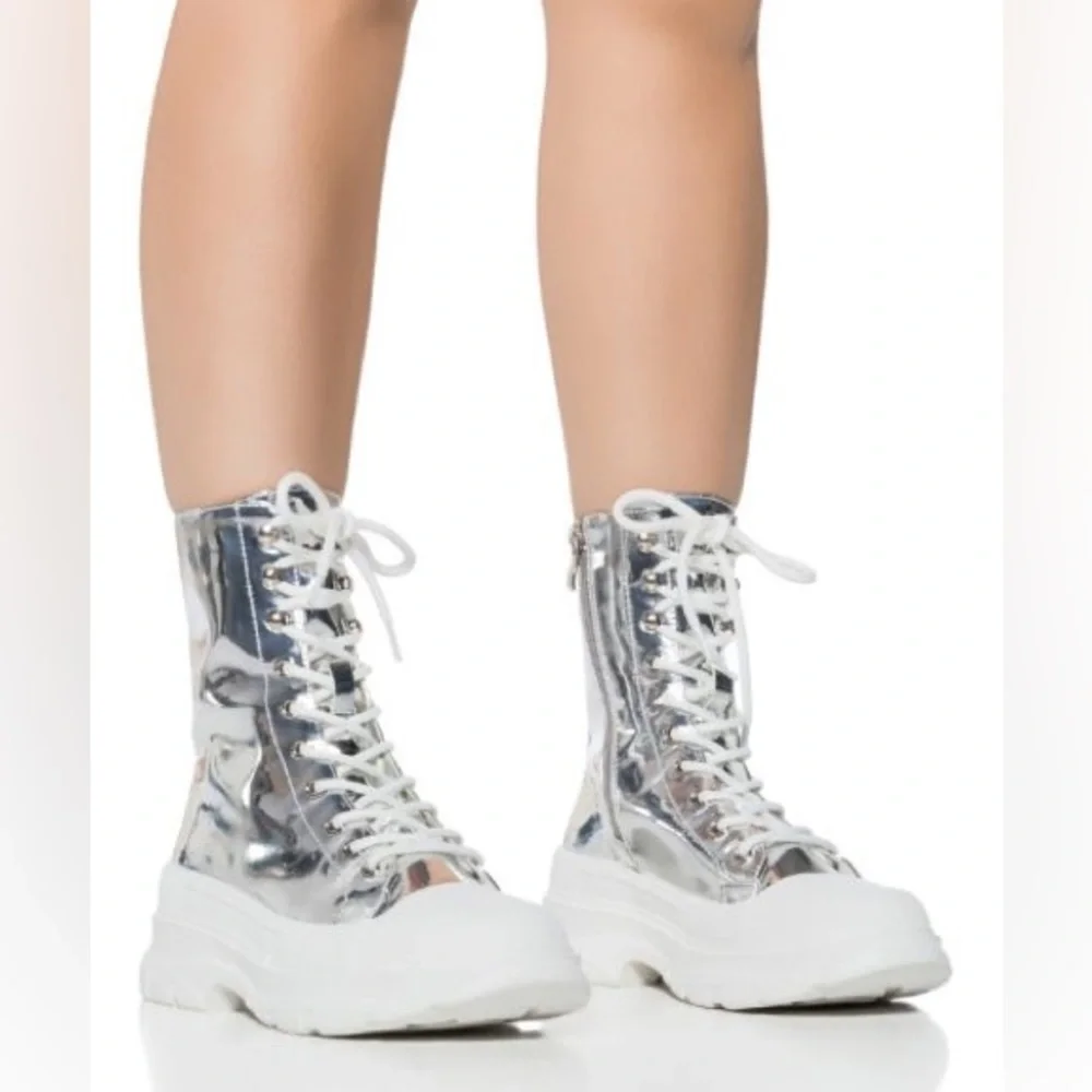 Azalea Wang Silver Mirror Metallic Patent Leather Lace Up Combat Booties - Picture 1 of 4